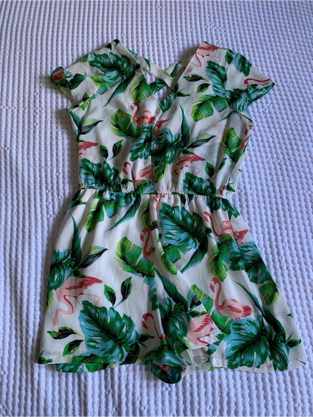As U Wish White Tropical Flamingo Romper - Green/Pink Size Medium